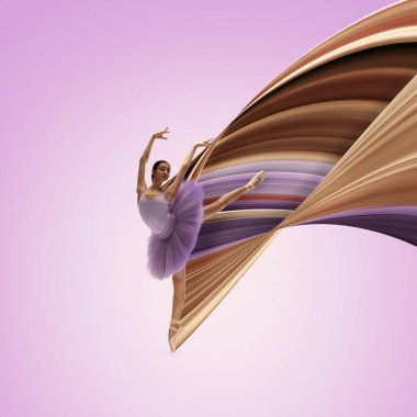 Modern tasarım. Çağdaş sanat. Mor etekli genç balerin arka planda sahne alıyor. Soyut tasarım elementleri. Gerçeküstü tarzda yaratıcı kavramsal ve renkli kolaj.