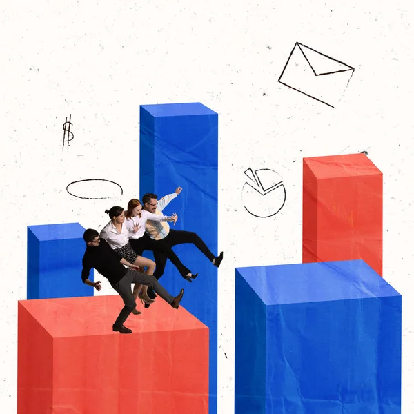 Коллаж Современного Искусства Концептуальный Дизайн Сотрудники Рабочие Прыгающие Графиках Двигающиеся — стоковое фото