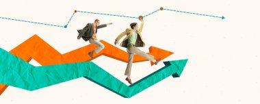 Çağdaş sanat kolajı. Yaratıcı tasarım. Motive olmuş, hırslı adamlar, profesyonel rekabeti olan çalışanlar. İş kavramı, kariyer gelişimi, başarı, kişisel büyüme