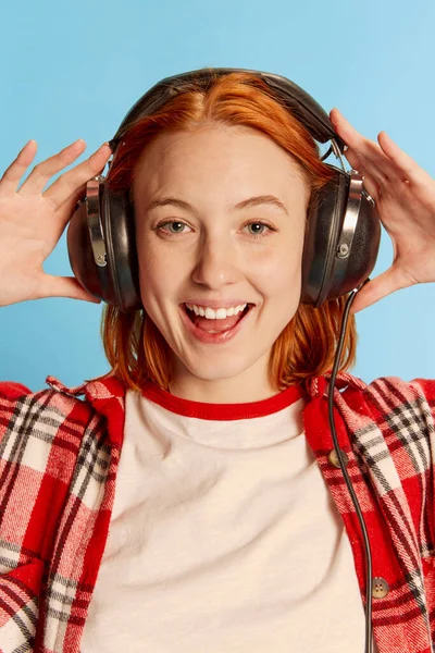 Portrait Young Redhead Girl Casual Checkered Shirt Posing Headphones Blue — Stock Photo, Image