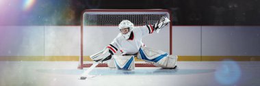 Genç, profesyonel hokey oyuncusu, buz pateni pistinde oynuyor, antrenman yapıyor. Kaleci pozisyonu. Konsantrasyon. Spor, aksiyon, oyun, güç, şampiyonluk ve yarışma konsepti
