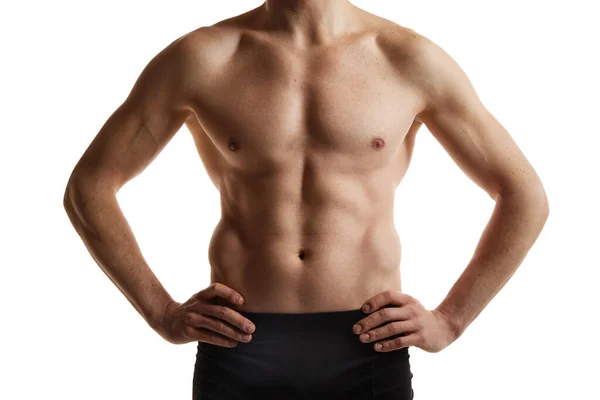 Imagen Recortada Cuerpo Masculino Muscular Manos Vientre Hombre Posando Sin — Foto de Stock