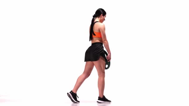 Young Sportive Girl Training Sports Equipment Weights White Studio Background — Stock Video