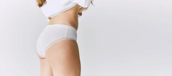 Cropped Image Female Body Buttocks Underwear Posing Grey Studio Background — Foto de Stock