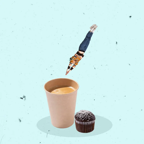 Contemporary Art Collage Creative Design Young Woman Diving Cup Coffee — Foto de Stock