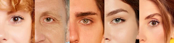 Close-up images of people eyes looking at camera. Collage made of five different people, men and women seriously looking. Concept of emotions, facial expression, lifestyle