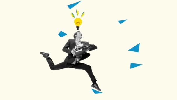 動くなアニメーション 電球で走る男 アイデア イノベーション 創造性 ソリューションコンセプト ビジネスマンはビジネスにいい考えを持っている 創造的な芸術 デザイン 思考プロセス — ストック動画