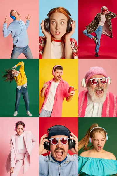 Collage Emotional People Men Women Different Age Enjoying Music Headphones — Stockfoto