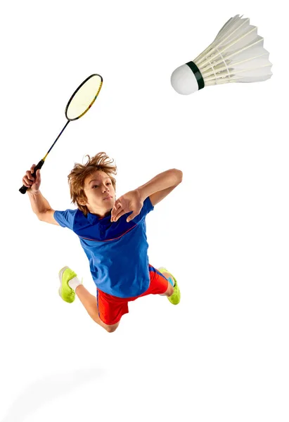 Top View Motivated Teen Boy Uniform Playing Badminton Hitting Shuttlecock — Foto de Stock
