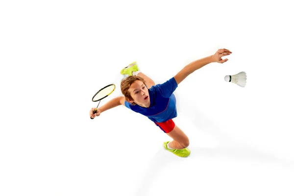 Top View Concentrated Teen Boy Uniform Playing Badminton Hitting Shuttlecock —  Fotos de Stock