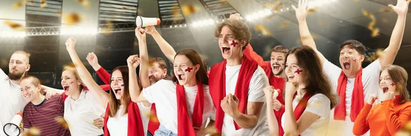 Grupp Känslomässiga Uttrycksfulla Ungdomar Fotboll Fotbollsfans Hejarklack Arenan Vinnande Känslor — Stockfoto