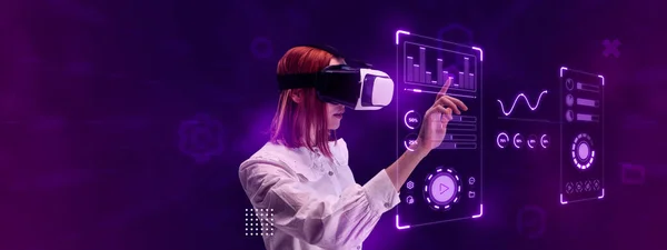 Woman, employee wearing VR glasses and working on virtual holographic computer screen. Profile, interface accessibility. Concept of business, innovative technologies, IT, virtual graphic, simulation
