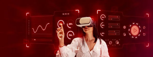 Woman, employee wearing VR glasses and working on virtual holographic computer screen. Accessibility and privacy. Concept of business, innovative technologies, network, IT, virtual graphic, simulation