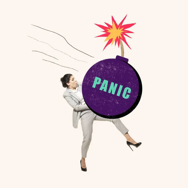 Contemporary Art Collage Conceptual Design Woman Employee Carrying Illusion Bomb — Stock Photo, Image