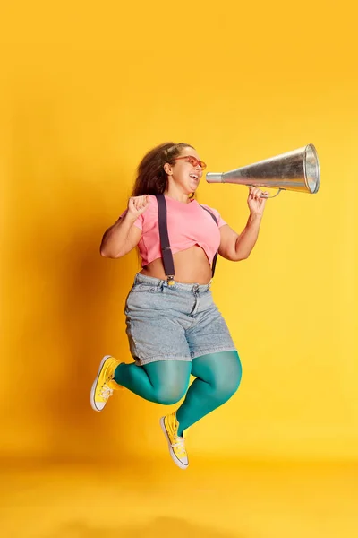 Portrait Young Overweight Woman Casual Bright Clothes Shouting Megaphone Vivid — Stock Photo, Image