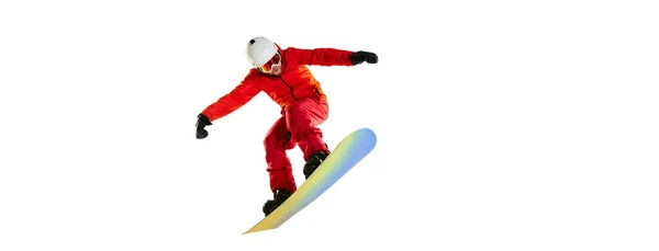 Portrait Active Man Snowboarder Uniform Riding Snowboard Isolated White Studio — Zdjęcie stockowe