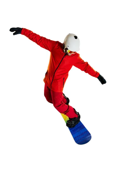 Balancing Portrait Active Man Snowboarder Uniform Riding Snowboard Isolated White — Zdjęcie stockowe