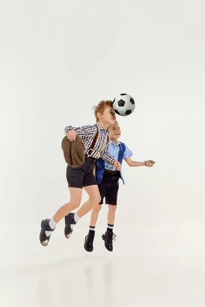 Hitting Ball Head Boys Children Classical Retro Clothes Playing Football — Stock Photo, Image
