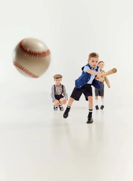 Boys Children Classical Retro Clothes Playing Baseball Grey Studio Background — Stock Photo, Image