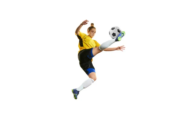 Goalkeeper Young Professional Female Football Soccer Player Motion Training Playing — Foto de Stock