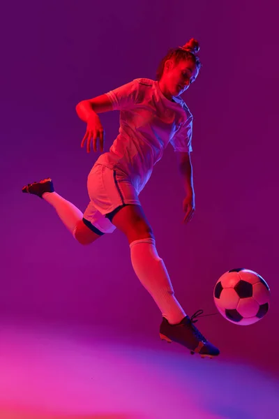 Young Professional Female Football Soccer Player Motion Training Playing Gradient — Stockfoto
