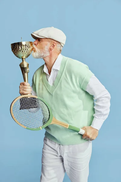 Kissing Trophy Portrait Handsome Senior Man Stylish Outfit Posing Tennis — Zdjęcie stockowe