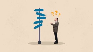 Stop motion, animation. Difficult choice. Office worker standing near road sign and has question mark at his mind, head. Choosing strategy for achieving goal. Concept of business, career