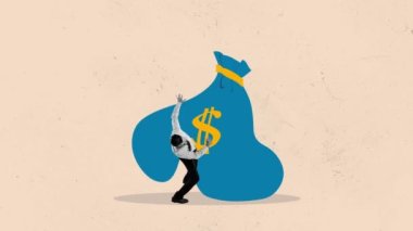 Stop motion, animation. Debt burden, financial obligation or loan payment, heavy load of money failure, mortgage or borrowing money problem concept. Tried businessman carrying big debt money bag