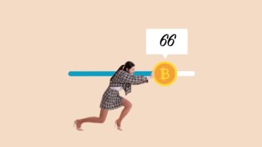 Stop motion, animation. Business, bitcoin, crypto currency. Frustrated businesswoman losing money in bitcoin investment. Money lost in digital money stock market and trading concept