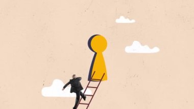 Stop motion, animation. Successful business. Businessman in front of keyhole symbolizing new professional achievement. Motivated worker. Concept of business, personal and professional growth, success