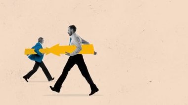 Stop motion, animation. Where to go. Office workers walking in different directions with arrows, symbolizing two business strategies. Choosing strategy for achieving goal. Concept of planning