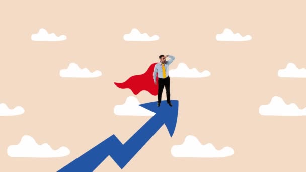 動くなアニメーション 成長の矢の上に強力な赤いケープを持つスーパーヒーローとしてビジネスマン リーダーシップ 主導的なビジネス成長戦略 ヒーローはキャリア成長を達成 — ストック動画