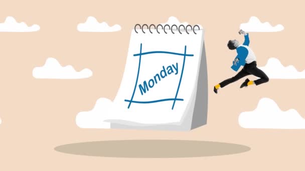 動くなアニメーション 月曜日を示すプランナーやカレンダーで働く前に幸せなビジネスマン 成功したビジネス やる気のある労働者 個人的および専門的な成長 成功の概念 — ストック動画