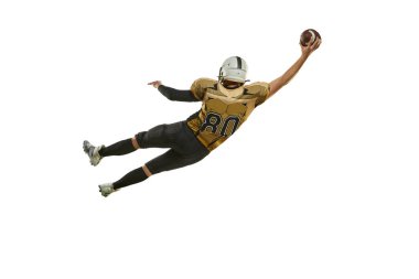 Jumping, catching ball. Man, american football player in uniform playing, training over white studio background. Concept of sport, movement, achievements, competition, hobby. Copy space for ad