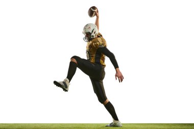 Winning game. Motivated man, american football player in motion, training over white studio background. Concept of sport, movement, achievements, competition, hobby, success