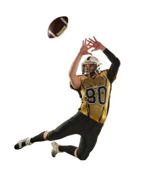 Man, professional american football player in motion, training, catching ball over white studio background. Concept of sport, movement, achievements, competition, hobby