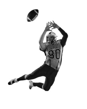 Black and white photo. Man, professional american football player in motion, training, catching ball over white studio background. Concept of sport, movement, achievements, competition, hobby