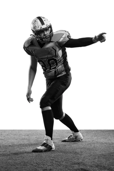 Black White Photo Man Professional American Football Player Uniform Posing — Stok fotoğraf