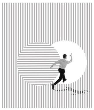 Contemporary art collage. Creative design. Businessman running into new professional space, growing success. Surreal artwork. monochrome. Concept of business, extraordinary vision, ideas, abstraction
