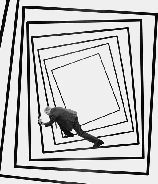 Contemporary Art Collage Holographic Labyrinth Man Pushing Hypnotic Blocks Symbolizing — Foto de Stock