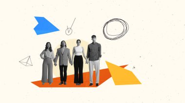 Contemporary art collage. Conceptual design. Well-coordinated teamwork. People, employees standing in a line. Successful project. Concept of business, career development, teamwork, success, growth
