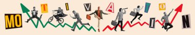 Contemporary art collage. Conceptual flyer. Motivation and ambitions. Employees, workers on arrow graph growing way to success. Concept of business, career development, teamwork, growth