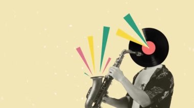 Stop motion, animation. Stylish hipster, man playing saxophone on magazine paper background. Modern design. Conceptual, contemporary art. Retro styled, surrealism, fashionable. Neon colors, line art
