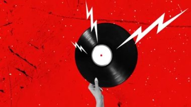 Stop motion, animation. Timelsess music. Composition with retro vinyl record isolated on bright background. Retro styled, surrealism, fashionable. Idea, aspiration, comparison of eras