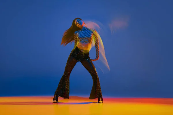 Performance Portrait Young Girl Dancing Heels Dance Blue Background Neon — Stock Photo, Image