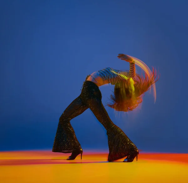 Openness Portrait Young Girl Dancing Heels Dance Blue Background Neon — Stok fotoğraf