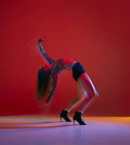 Flexible Impression Portrait Young Girl Dancing Heels Dance Red Background — Stok fotoğraf