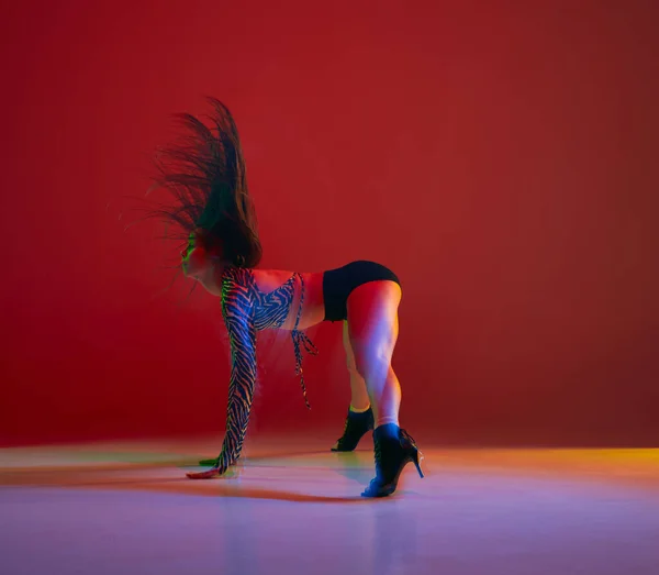 Impressive Performance Portrait Young Girl Dancing Heels Dance Red Background — Stok fotoğraf