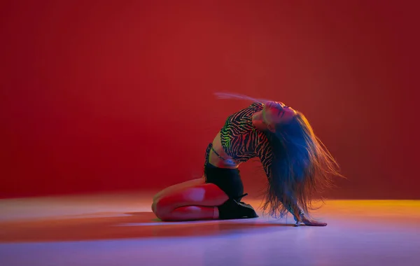 Flexibility Portrait Young Girl Dancing Heels Dance Red Background Neon — Stok fotoğraf