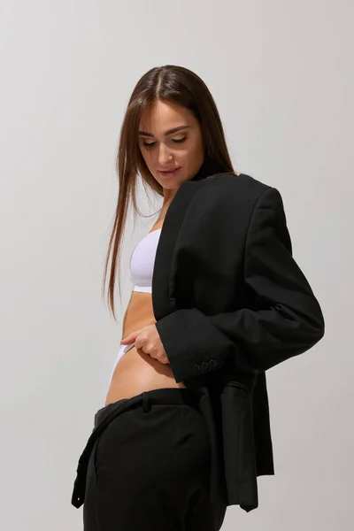 Comfort Portrait Young Beautiful Girl Posing Underwear Black Classic Suit — Foto Stock